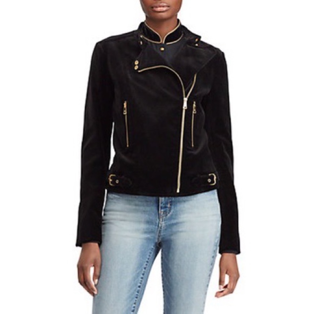 Lauren Ralph Lauren Stretch-Velvet Moto Jacket in Black, Size 16, NEW w/Tag